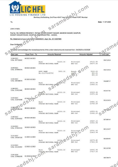 India LIC Housing Finance statement of account Word and PDF template